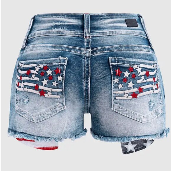 FLAMINGALS American Flag Patched Button Fly Cut Out Denim Shorts XL BNWT - Picture 5 of 8